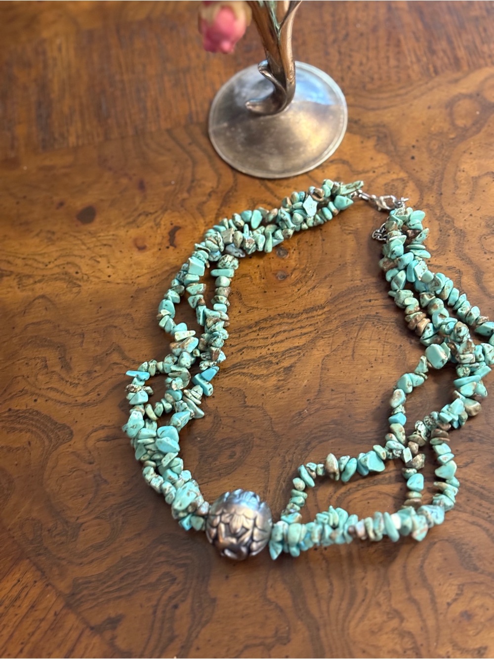 Turquoise Chip Necklace with Decorative Silver Bead - Women Jewelry